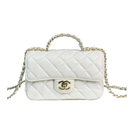 Chanel Classic Flap Mini Lambskin with Top Handle, White-Gold-Tone
